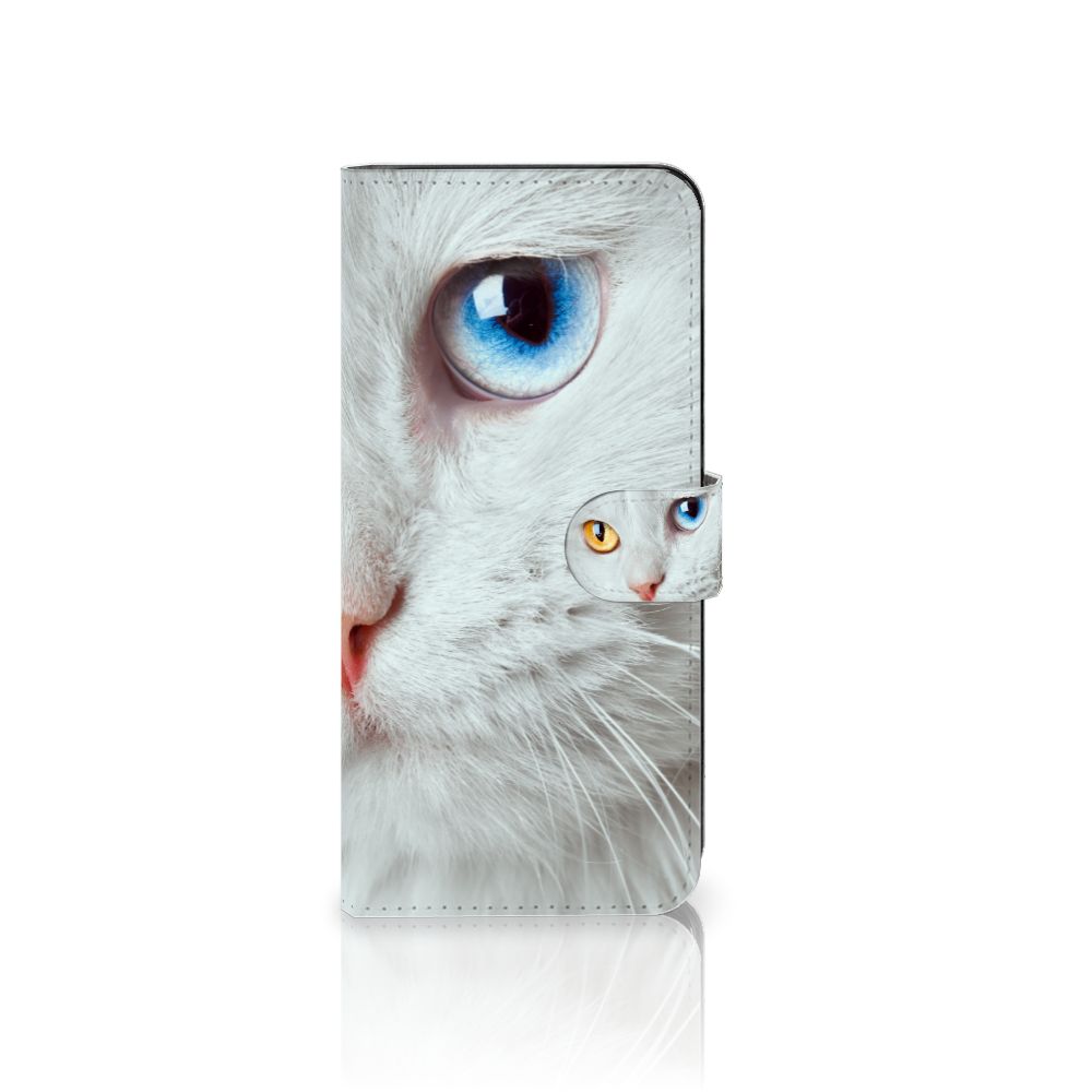 OnePlus Nord CE 3 Lite Telefoonhoesje met Pasjes Witte Kat, unieke stijl met bijzondere ogen 💙🧡