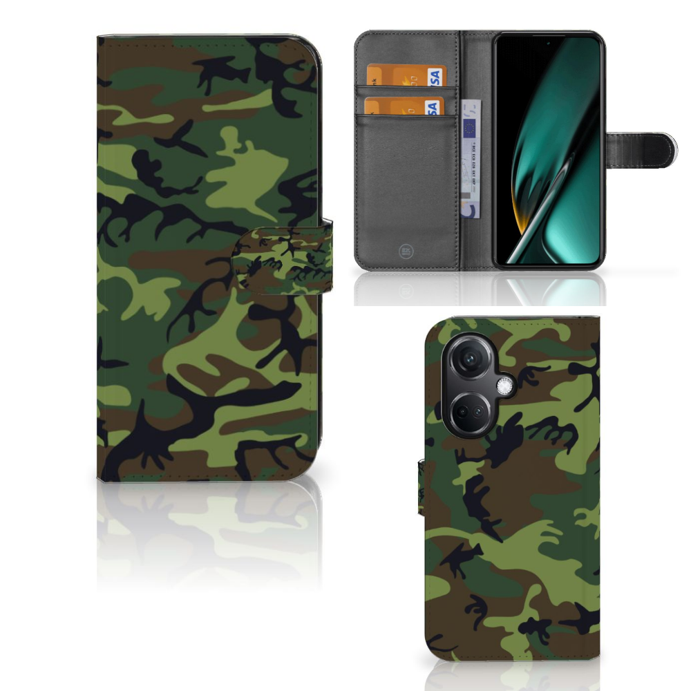 OnePlus Nord CE 3 Telefoon Hoesje Army Dark boekhoesje camouflage design voorkant zijkant achterkant