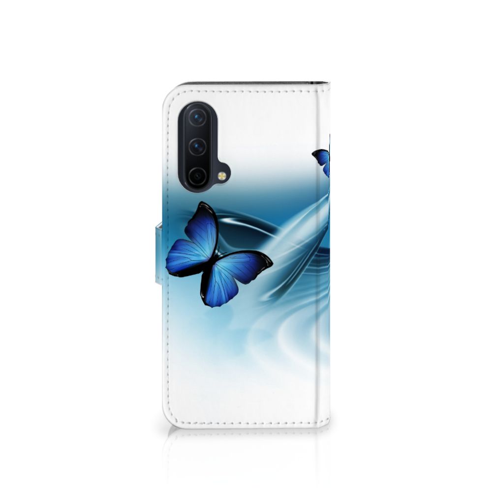 OnePlus Nord CE 5G Telefoonhoesje met Pasjes Vlinders boekstijl blauw vlinders aanzicht