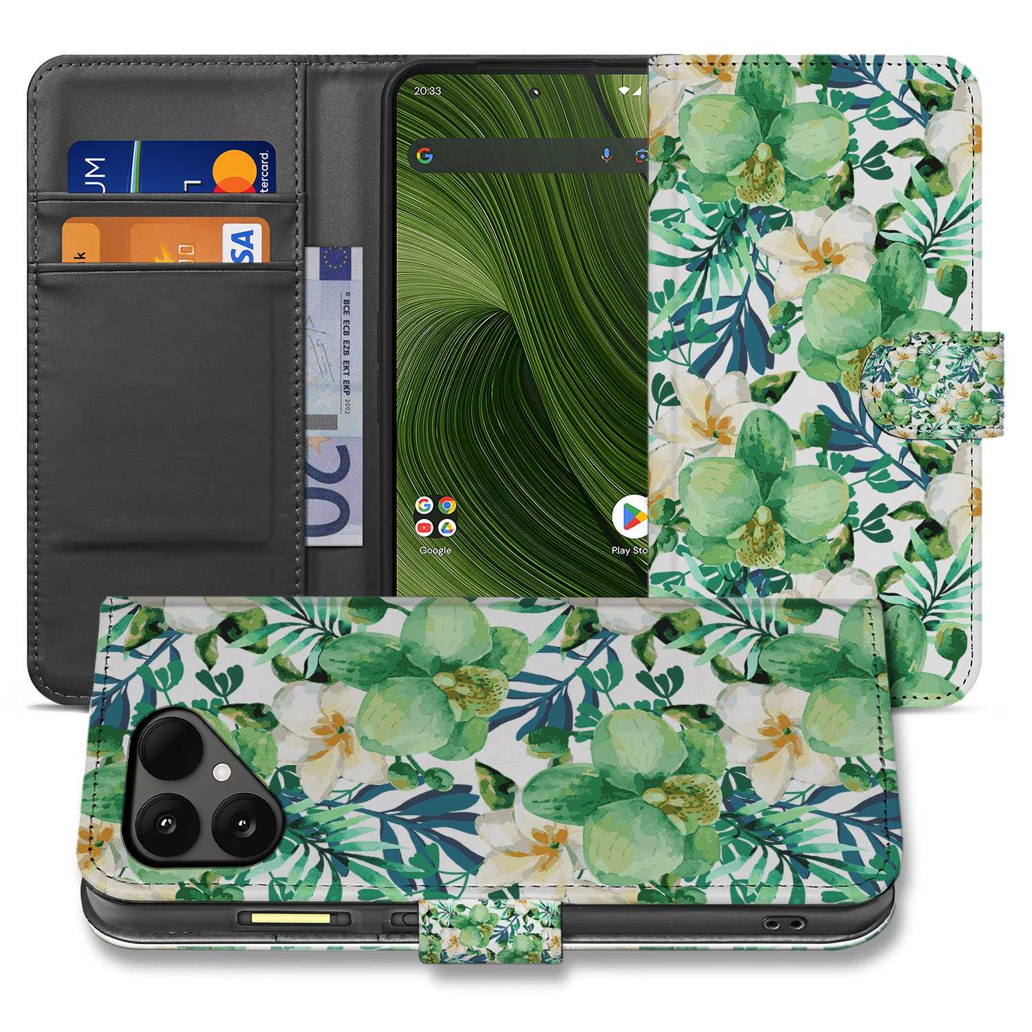 Fairphone 6 Orchidee Groen Portemonnee Hoesje boek case voorkant en achterkant