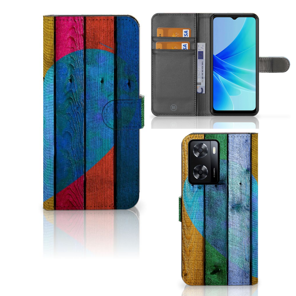 PPO A57 A57s A77 4G Book Style Case Wood Heart boekhoesje aanzicht kleurdesign