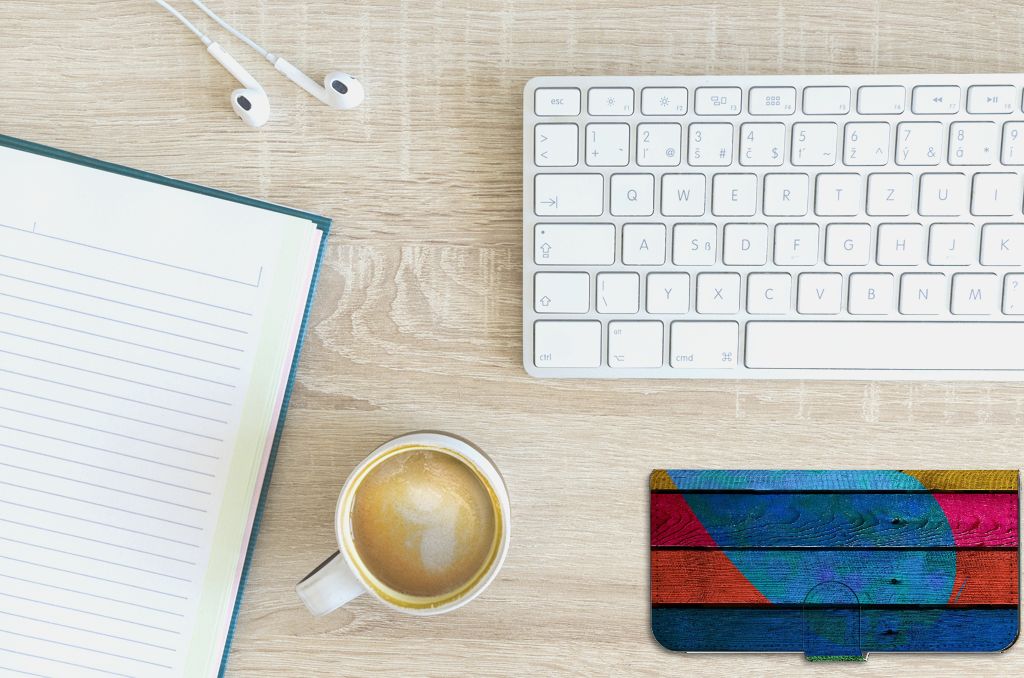 PPO A57 A57s A77 4G Book Style Case Wood Heart bovenaanzicht bureau kop koffie notebook toetsenbord