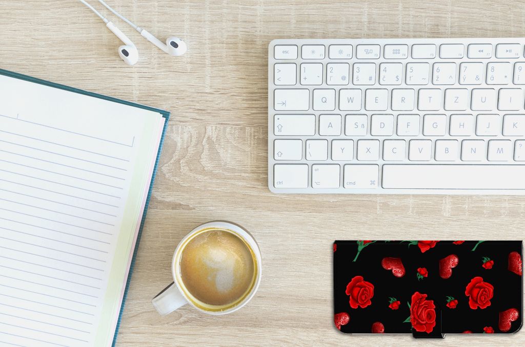 PPO A57 | A57s | A77 4G Leuk Hoesje Valentine design rose zwart aanzicht