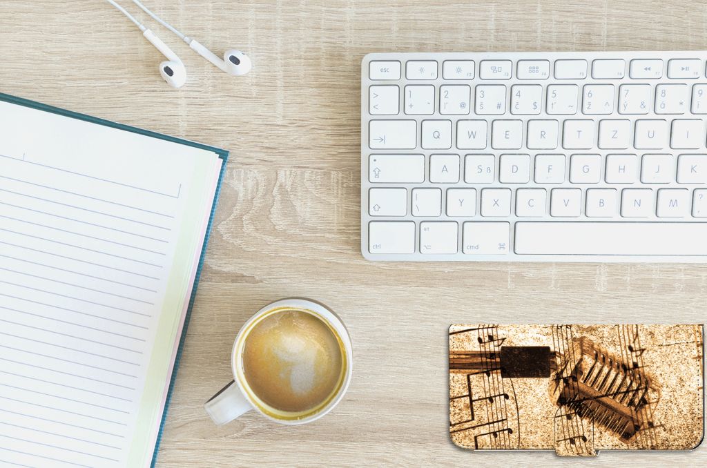 PPO A57 A57s A77 4G Telefoonhoesje met foto Bladmuziek smartphone voorkant bureau koffie notitieboek toetsenbord