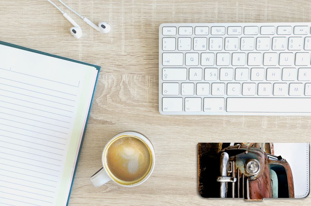 PPO A57 | A57s | A77 4G Telefoonhoesje met foto Vintage Auto bureau aanzicht koffie notitieboek toetsenbord