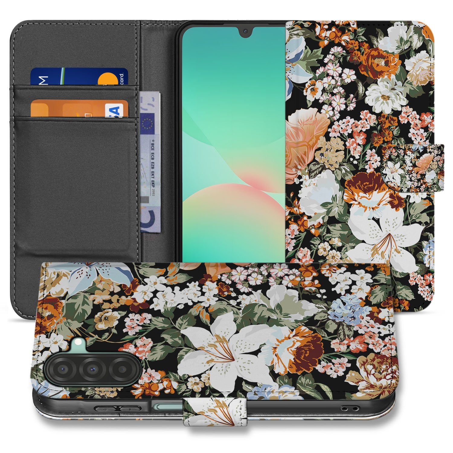 Samsung Galaxy A17 PU Leer Portemonnee Hoes Dark Flowers voorkant en achterkant