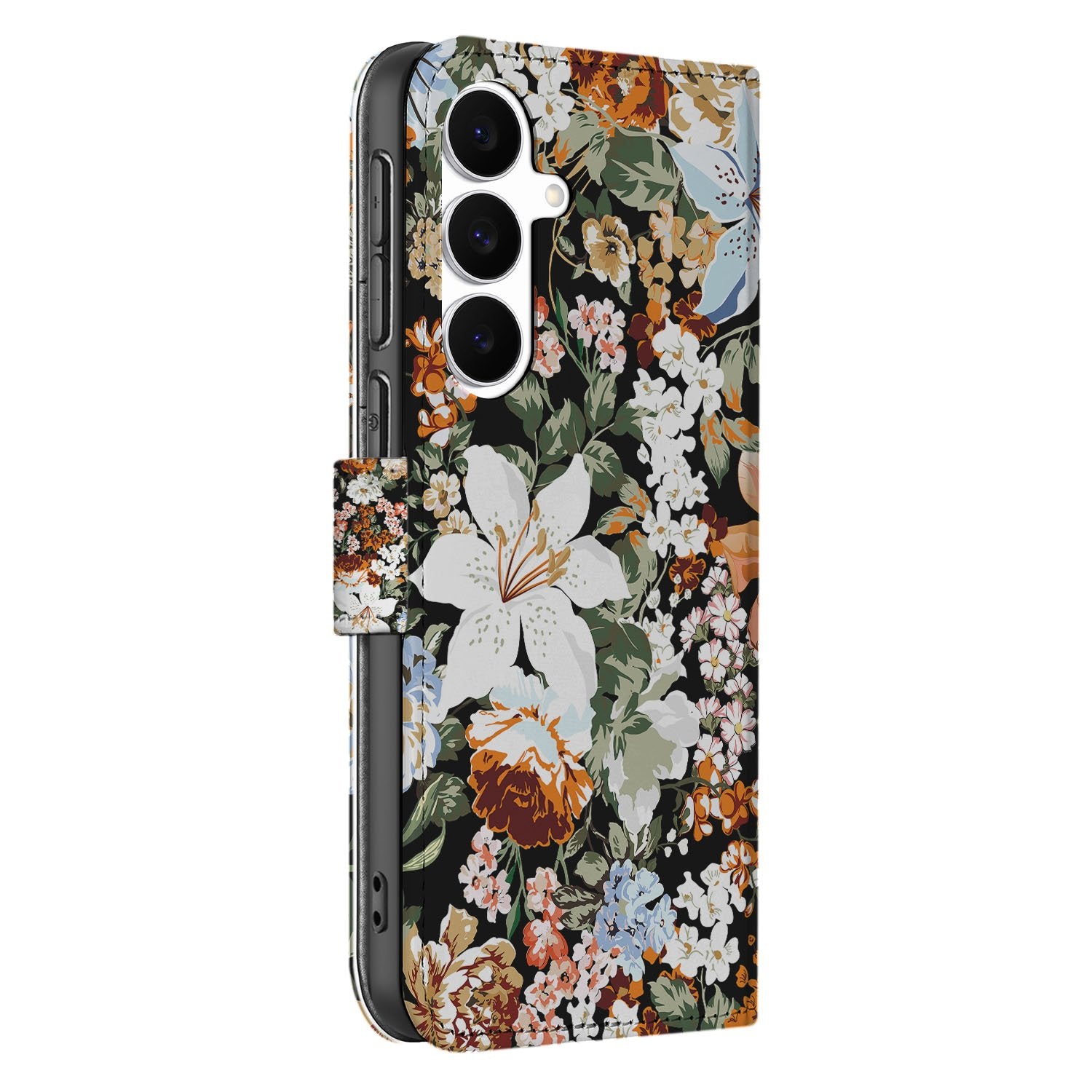 Samsung Galaxy S25 FE PU Leer Portemonnee Hoes Dark Flowers zij-aanzicht