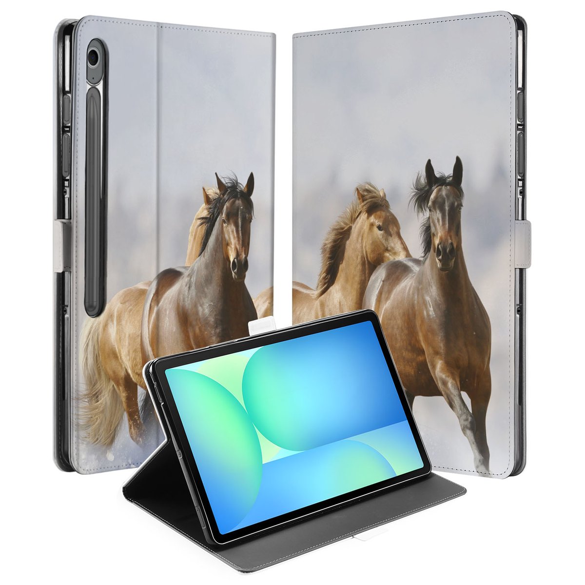 Paarden Book Case Hoesje met Standaard Samsung Galaxy Tab S10 FE Plus paarden design beide aanzicht