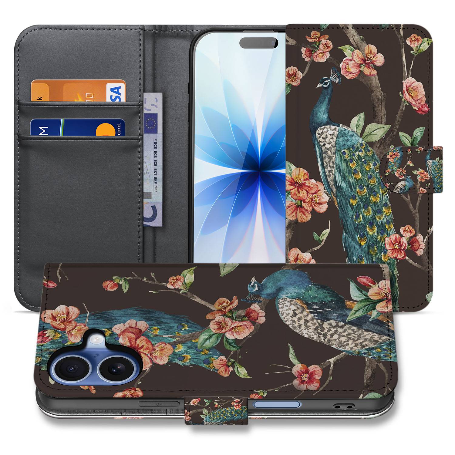 Pauw Met Bloemen Hoesje Voor iPhone 17 Bookcase Hoesje designnaam gedetailleerd aanzicht