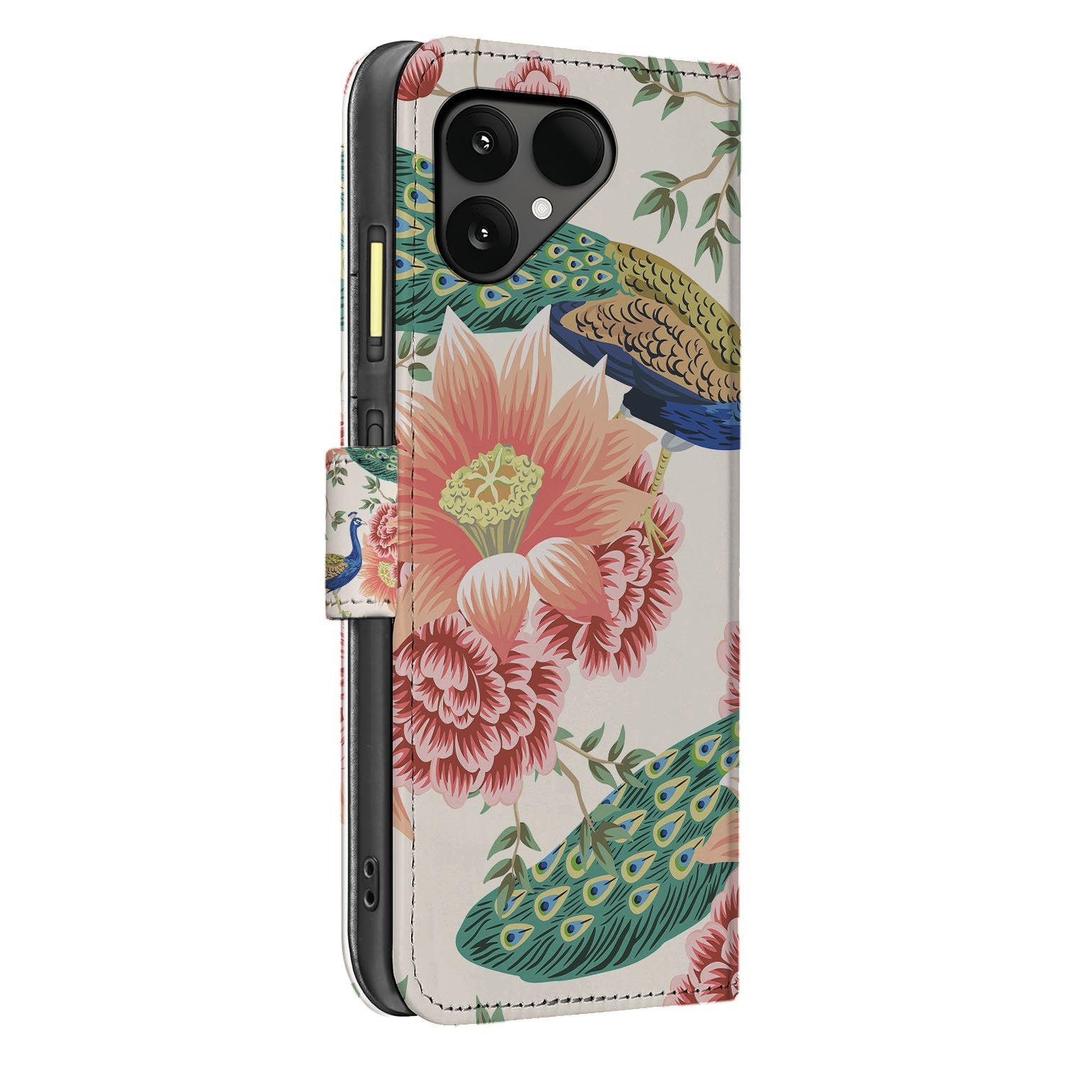 Pink Peacock Fairphone 6 Book Case pauwenverenprint roze zijkant