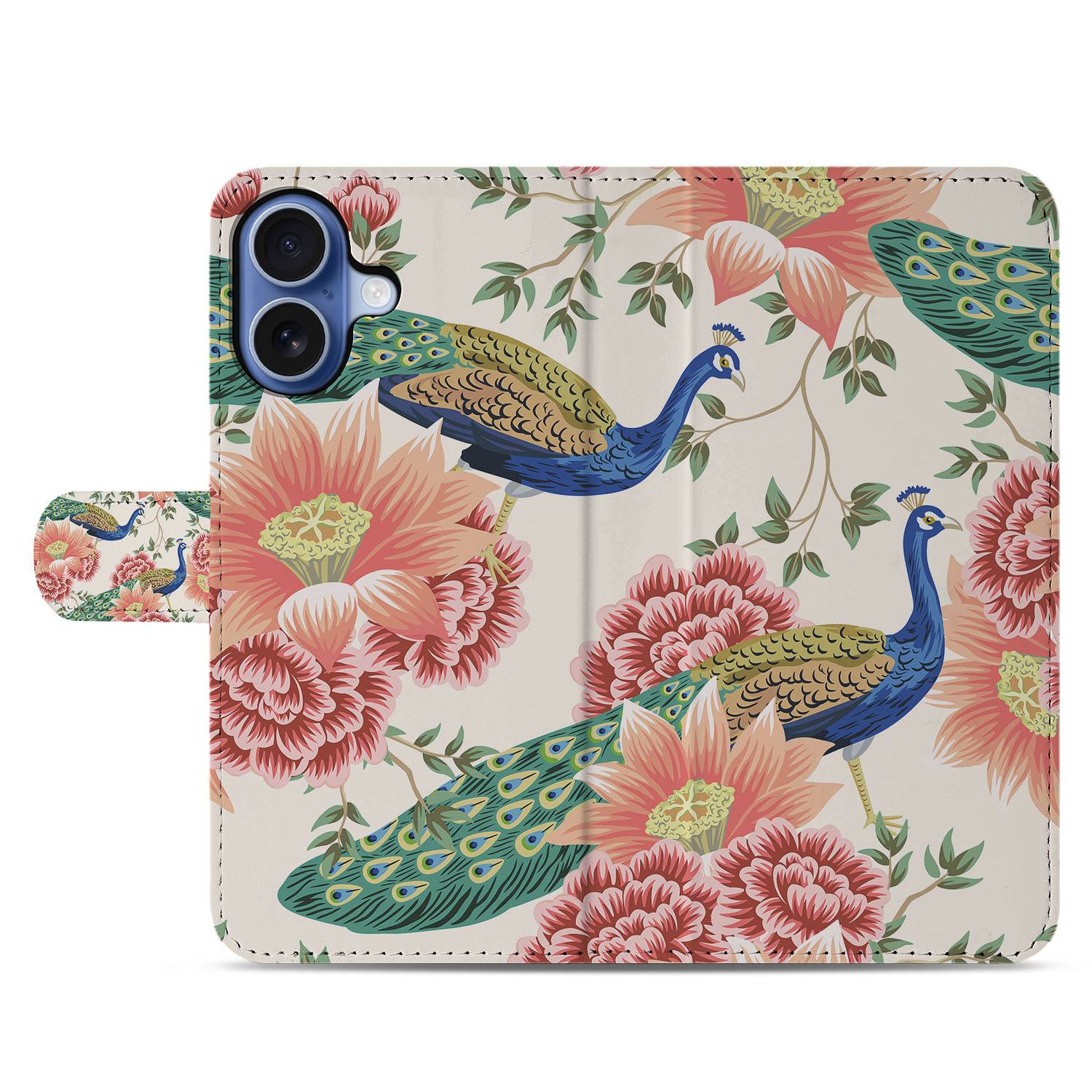 Apple iPhone 17 Portemonnee Hoesje Pink Peacock voorkant met pauwen en bloemen