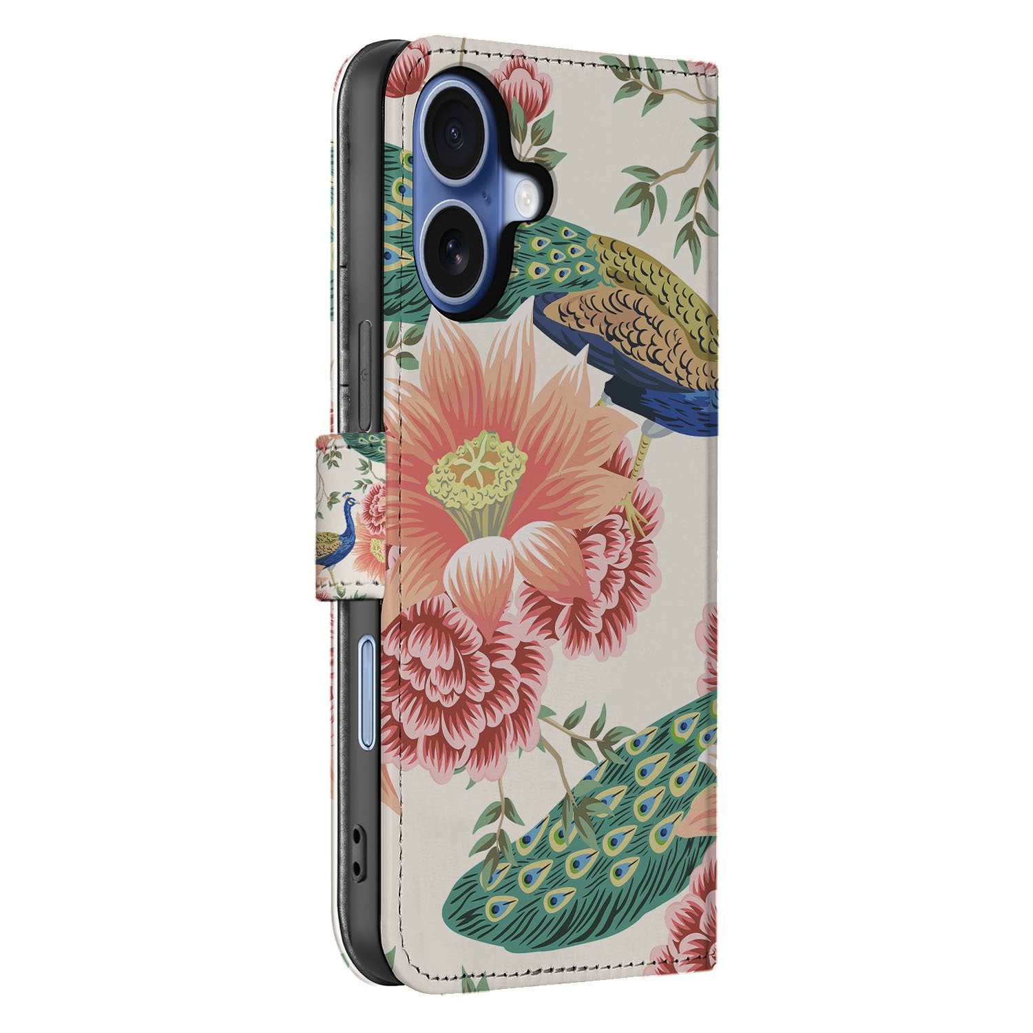 Apple iPhone 17 Portemonnee Hoesje Pink Peacock design zijkant