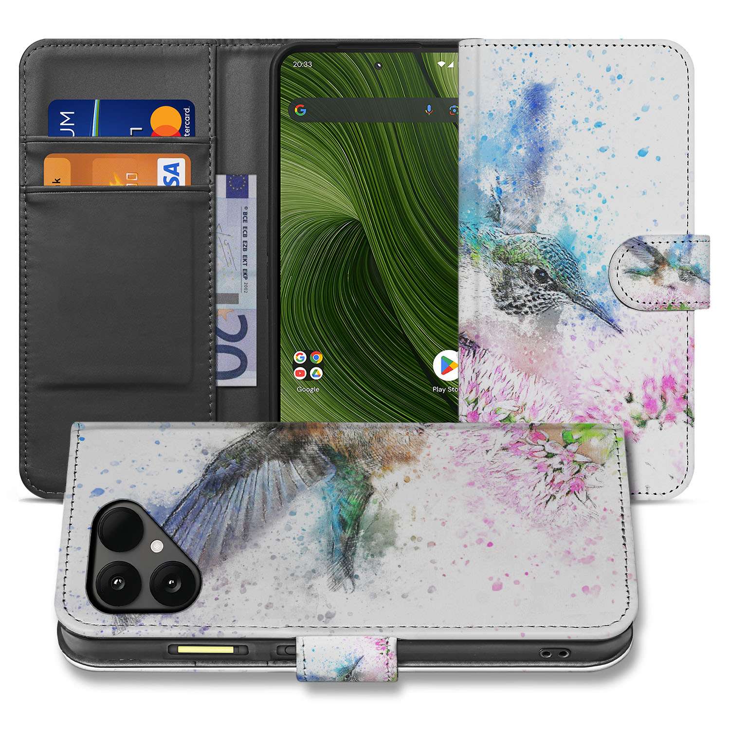 Portemonnee Hoesje Fairphone 6 Vogel Print voorkant zijkant