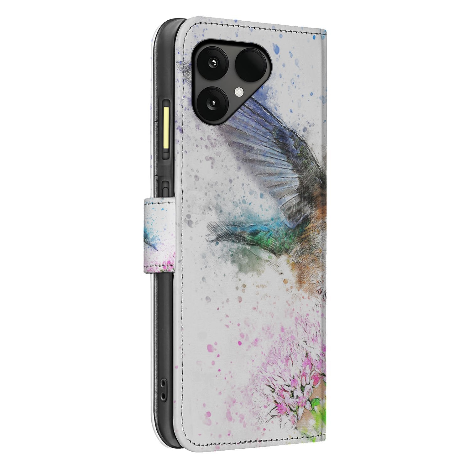 Portemonnee Hoesje Fairphone 6 Vogel Print zijaanzicht kleurrijk ontwerp