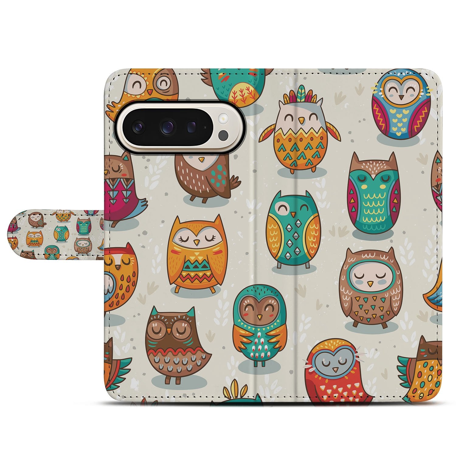 Portemonnee Hoesje Google Pixel 10 Pro Vrolijke Uilen vrolijke uilen patroon beige kunstleer aanzicht