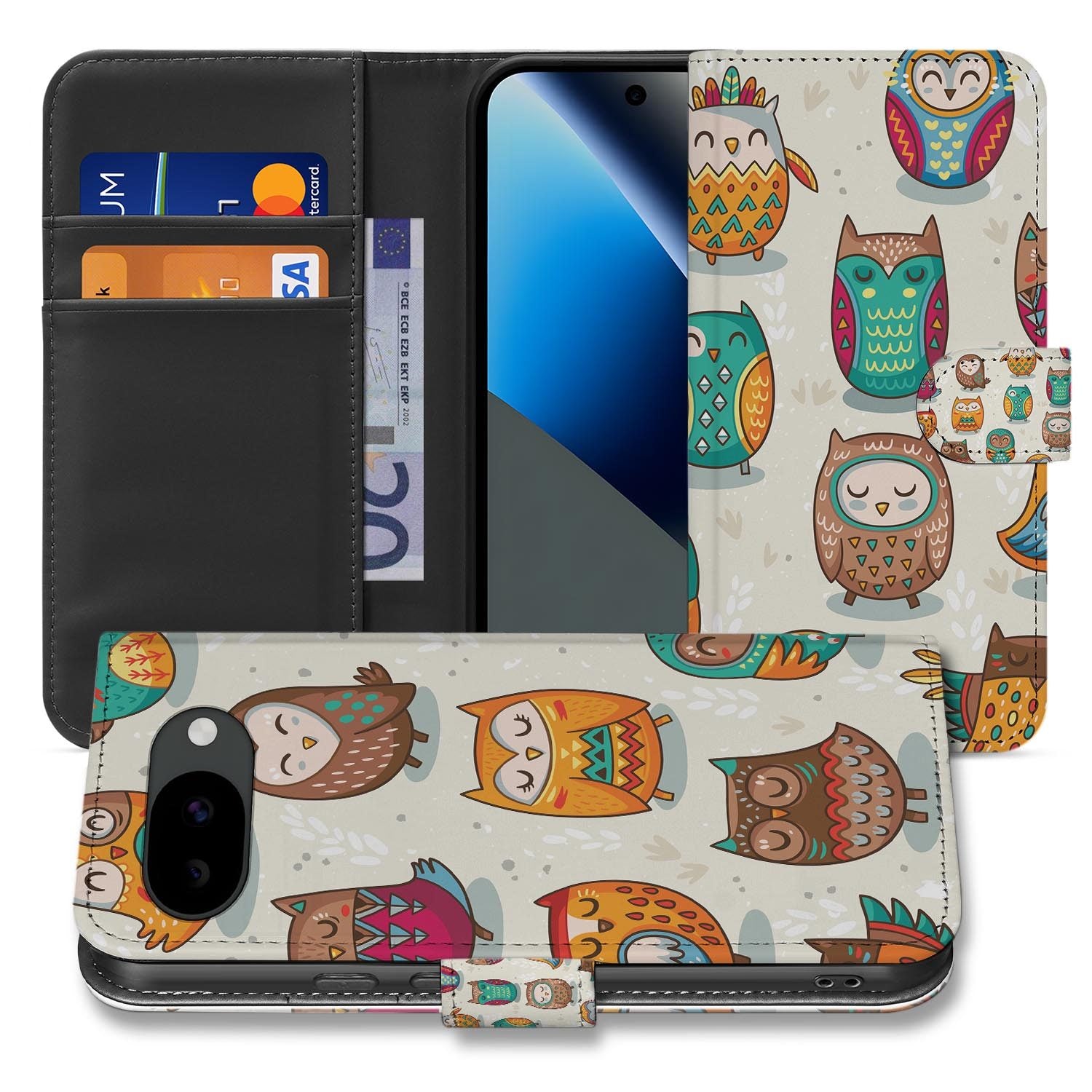 Vrolijke Uilen bookcase hoesje voor de Google Pixel 10a