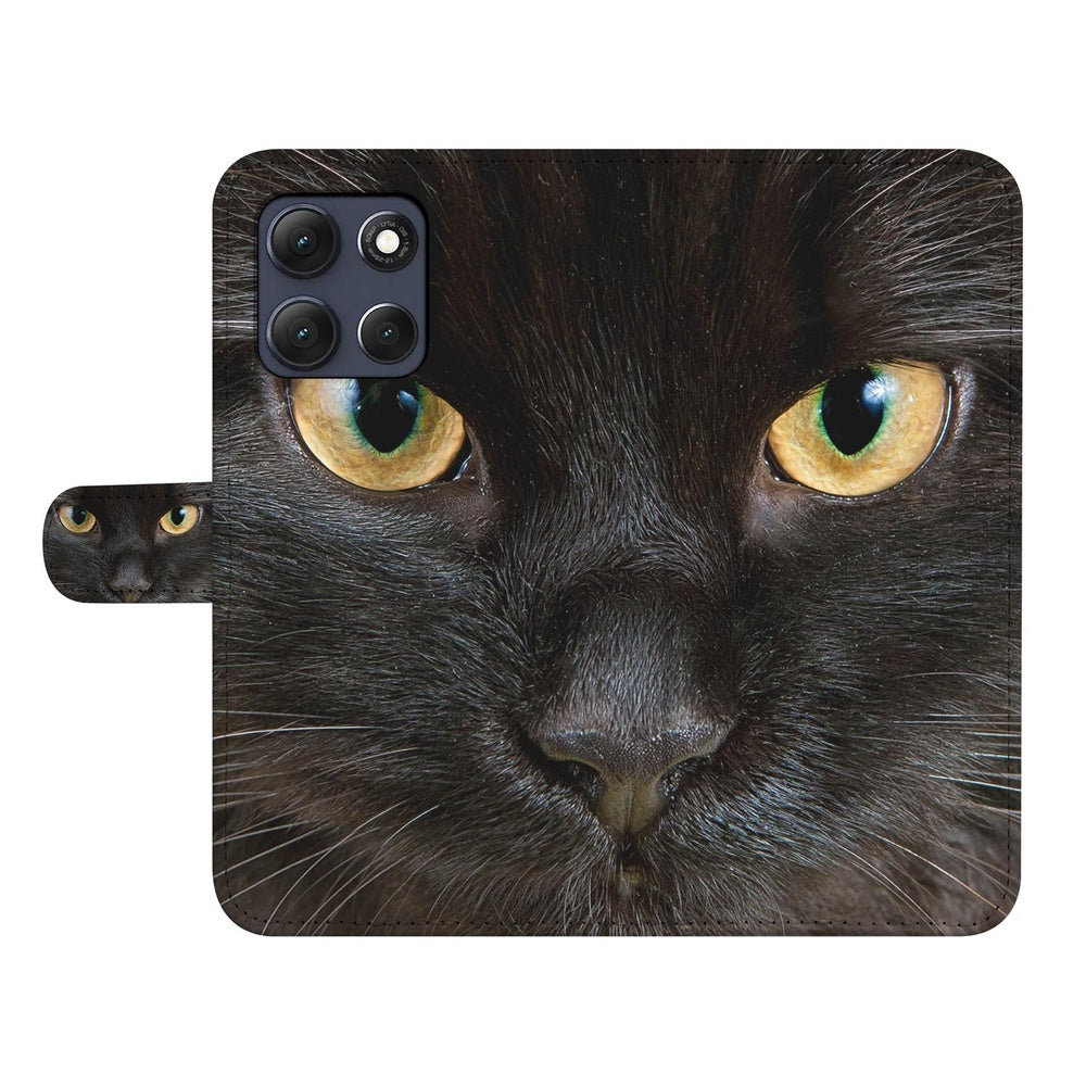 Motorola Moto G86 Portemonnee Hoesje Zwarte Kat Voorkant met kattengezicht detail.