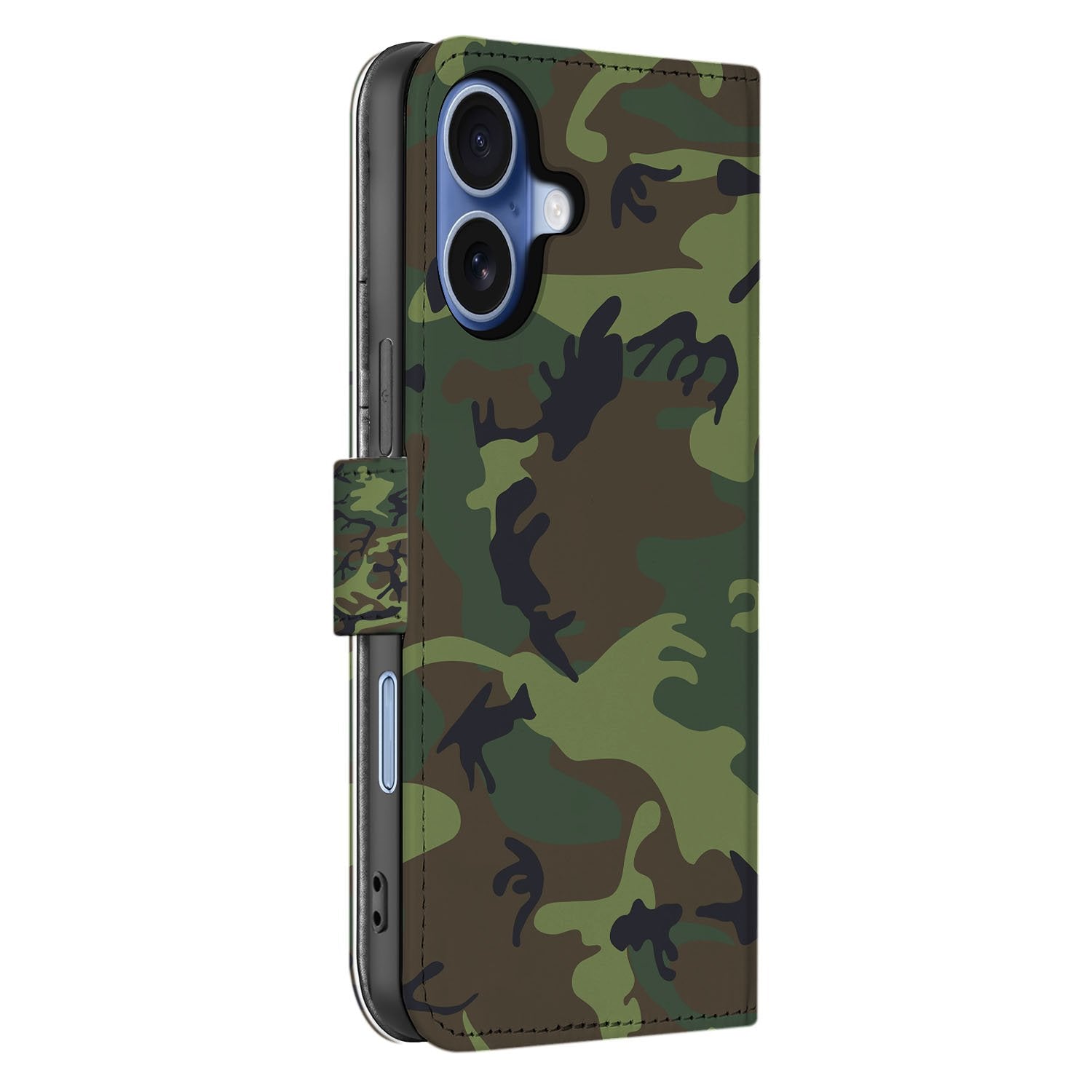 Apple iPhone 17 Portemonnee Hoesje Army Dark Pasjes magnetische sluiting camouflage design zijaanzicht