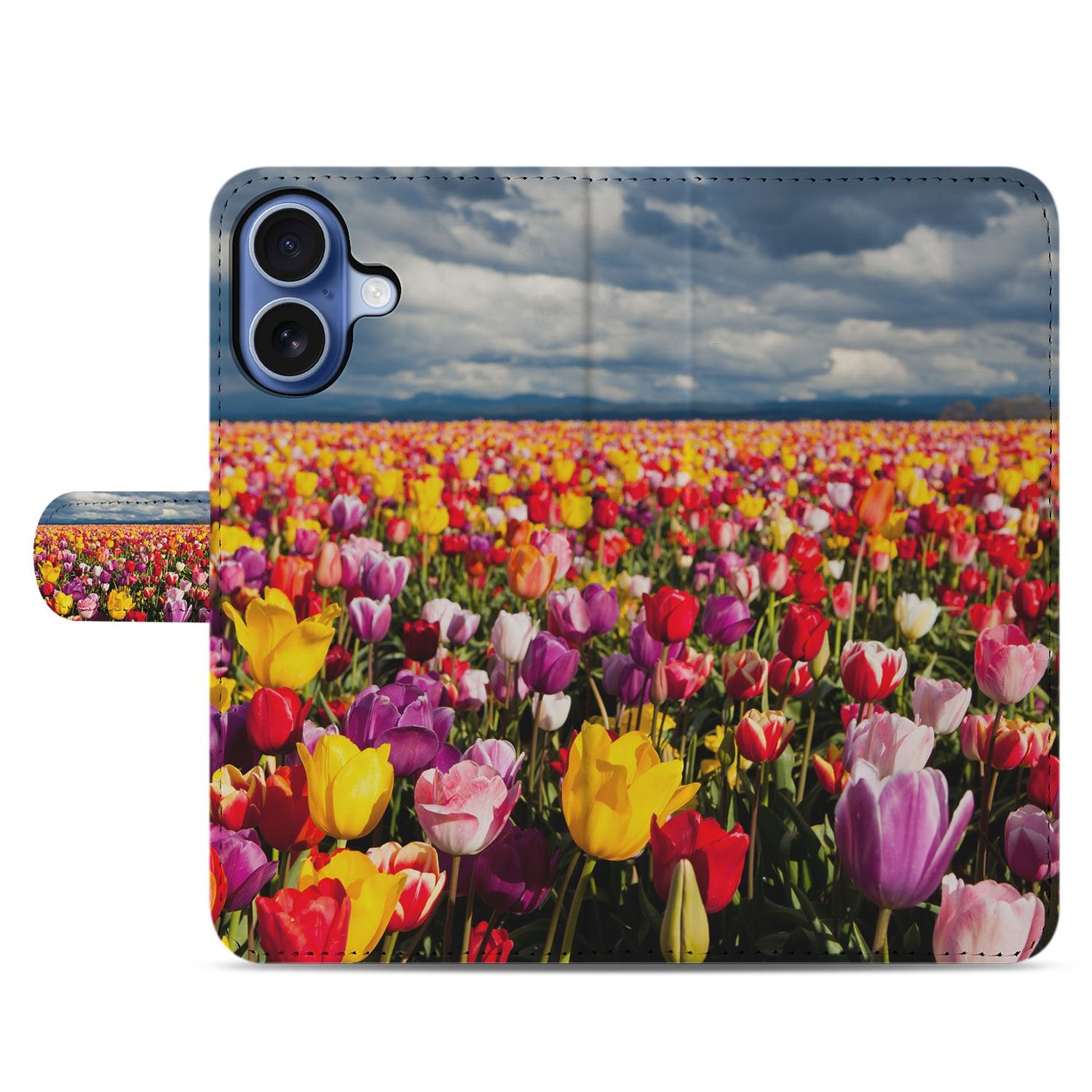 Portemonnee Hoesje iPhone 17 Tulpen Motief Kleurig Patroon tulpenveld kleurrijk design voorzijde