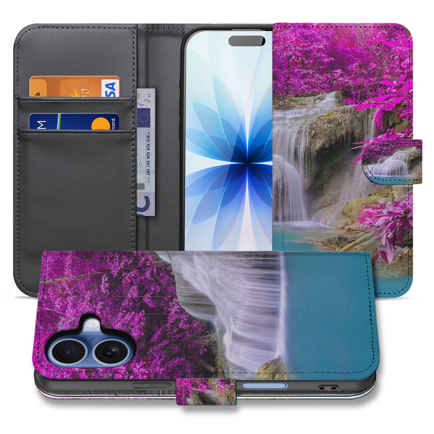 Portemonnee Hoesje iPhone 17 Waterval Paars Met Pasjes design waterval aanzicht