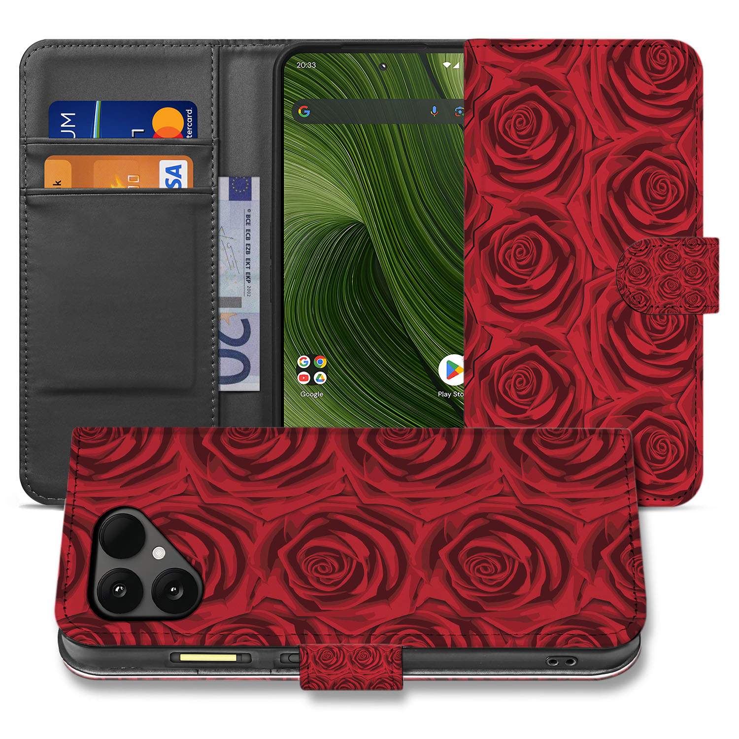Fairphone 6 Red Roses Book Case vooraan zijaanzicht