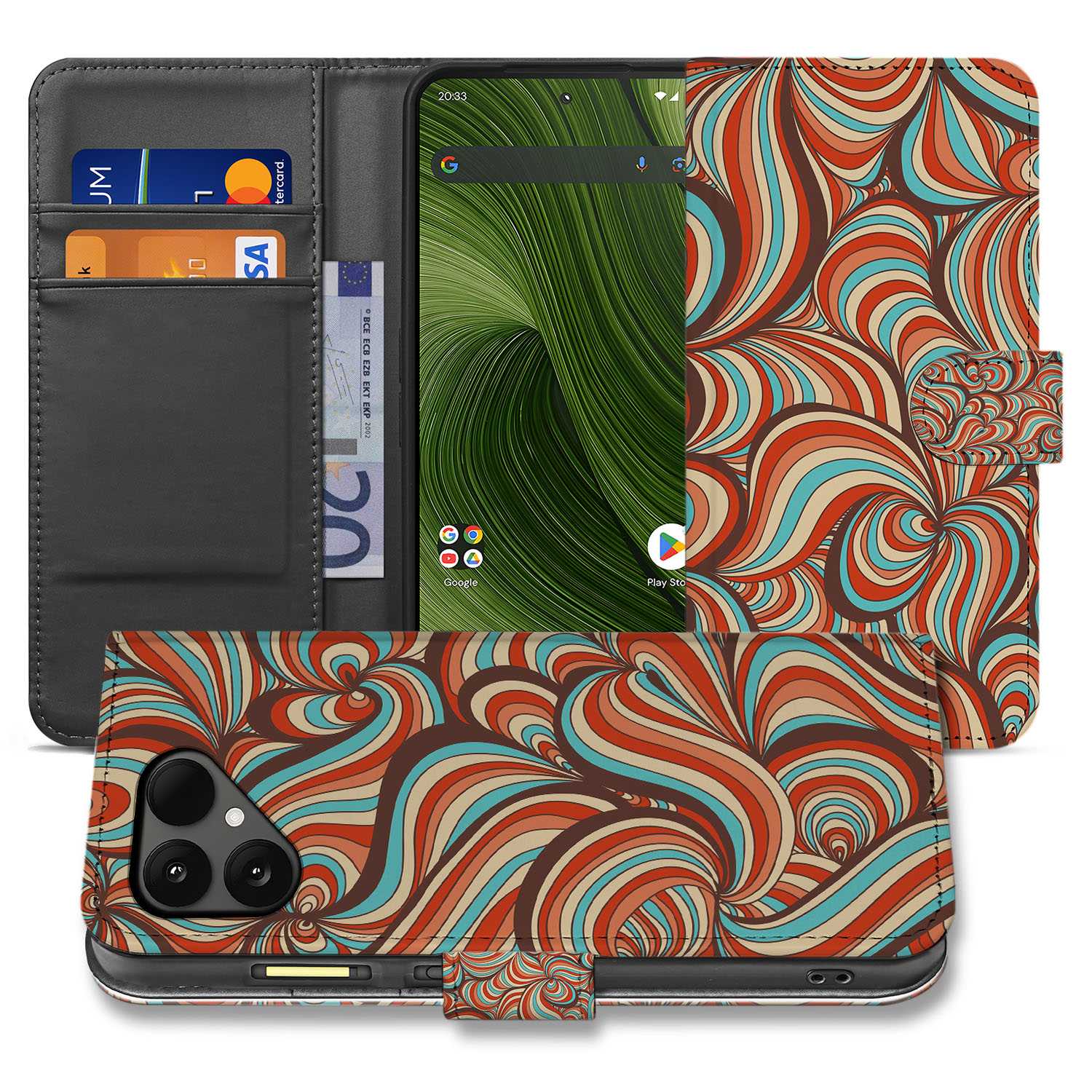 Retro Fairphone 6 Book Case retro patroon cognac turquoise bruin aanzicht