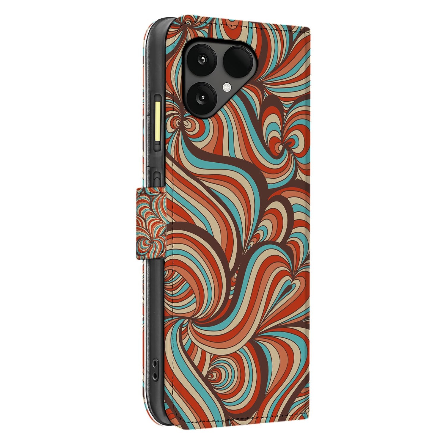 Retro Fairphone 6 Book Case retro patroon cognac turquoise bruin zij aanzicht