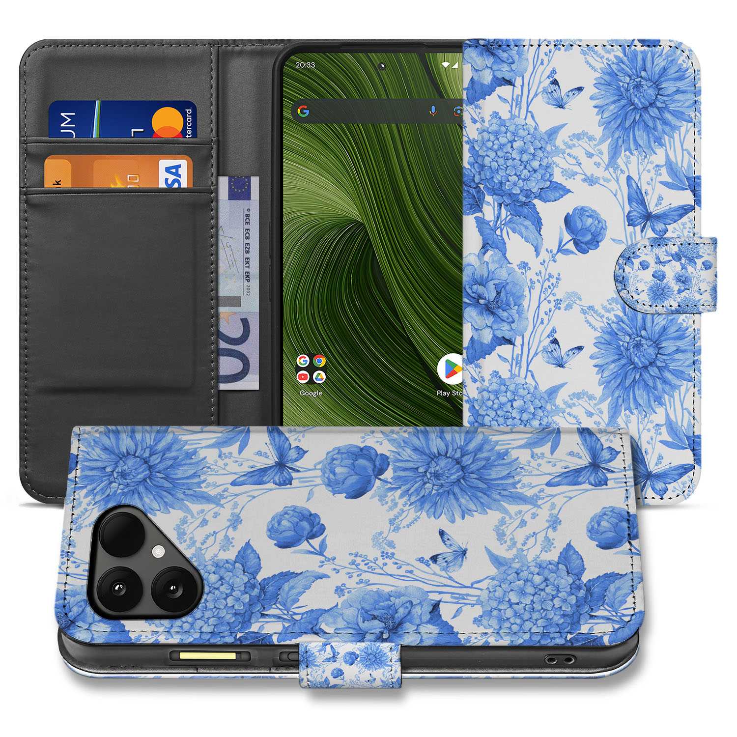 Robuuste Bookcase Hoesje Voor Fairphone 6 Met Blauw Bloemen Design En Pasjeshouder design blauw bloemen voorkant