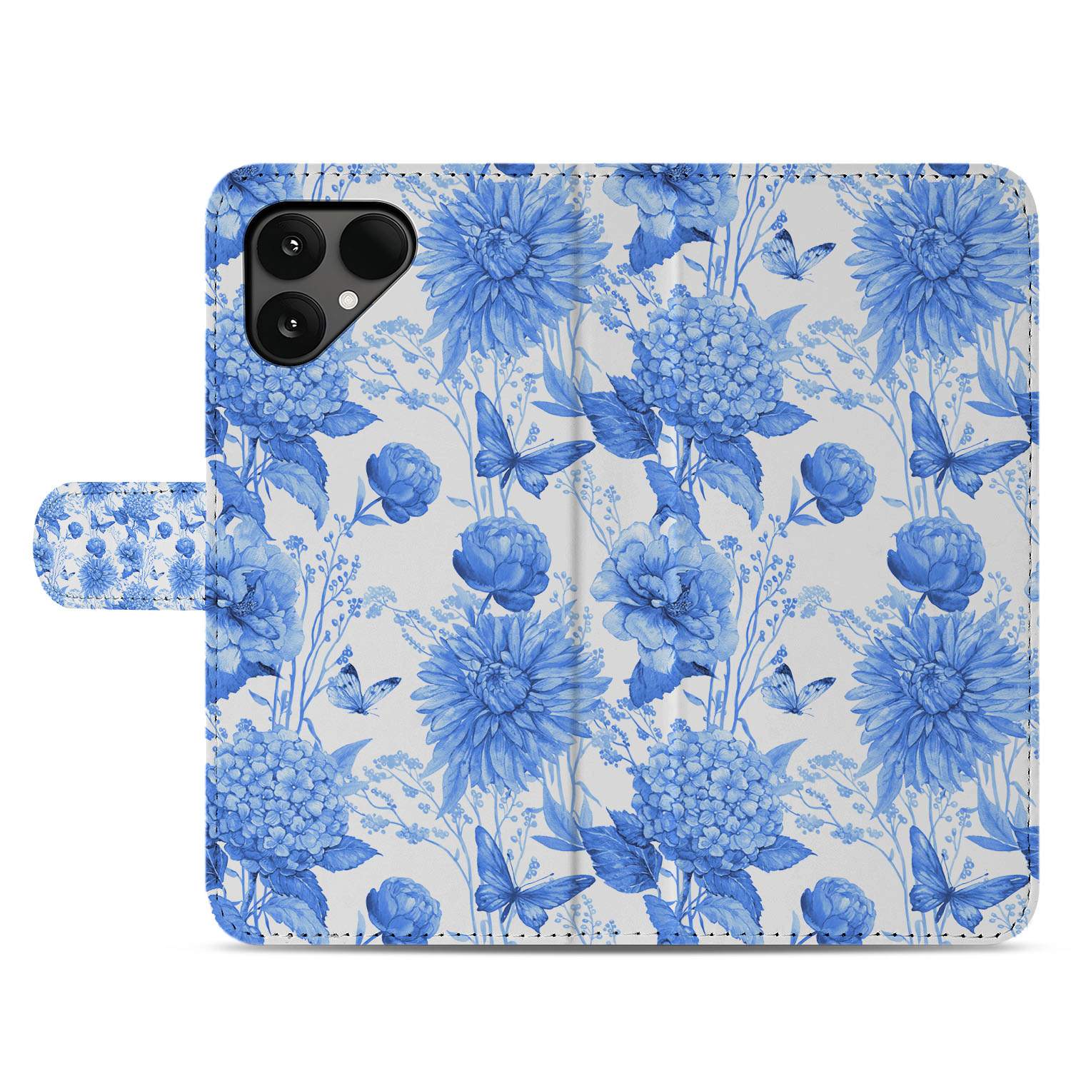 Robuuste Bookcase Hoesje Voor Fairphone 6 Met Blauw Bloemen Design En Pasjeshouder bloemenpatroon voorkant