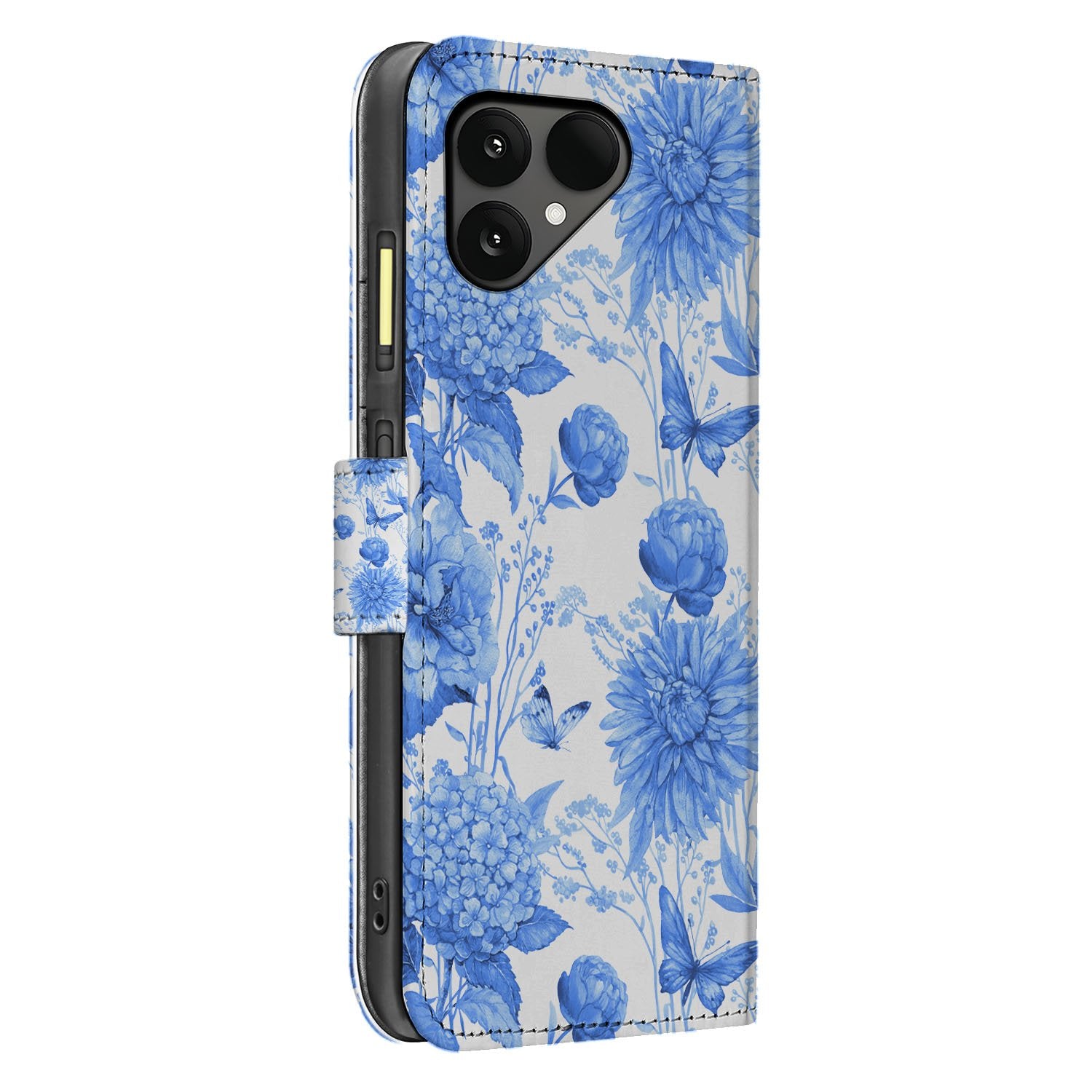 Robuuste Bookcase Hoesje Voor Fairphone 6 Met Blauw Bloemen Design En Pasjeshouder bloemen design zijaanzicht
