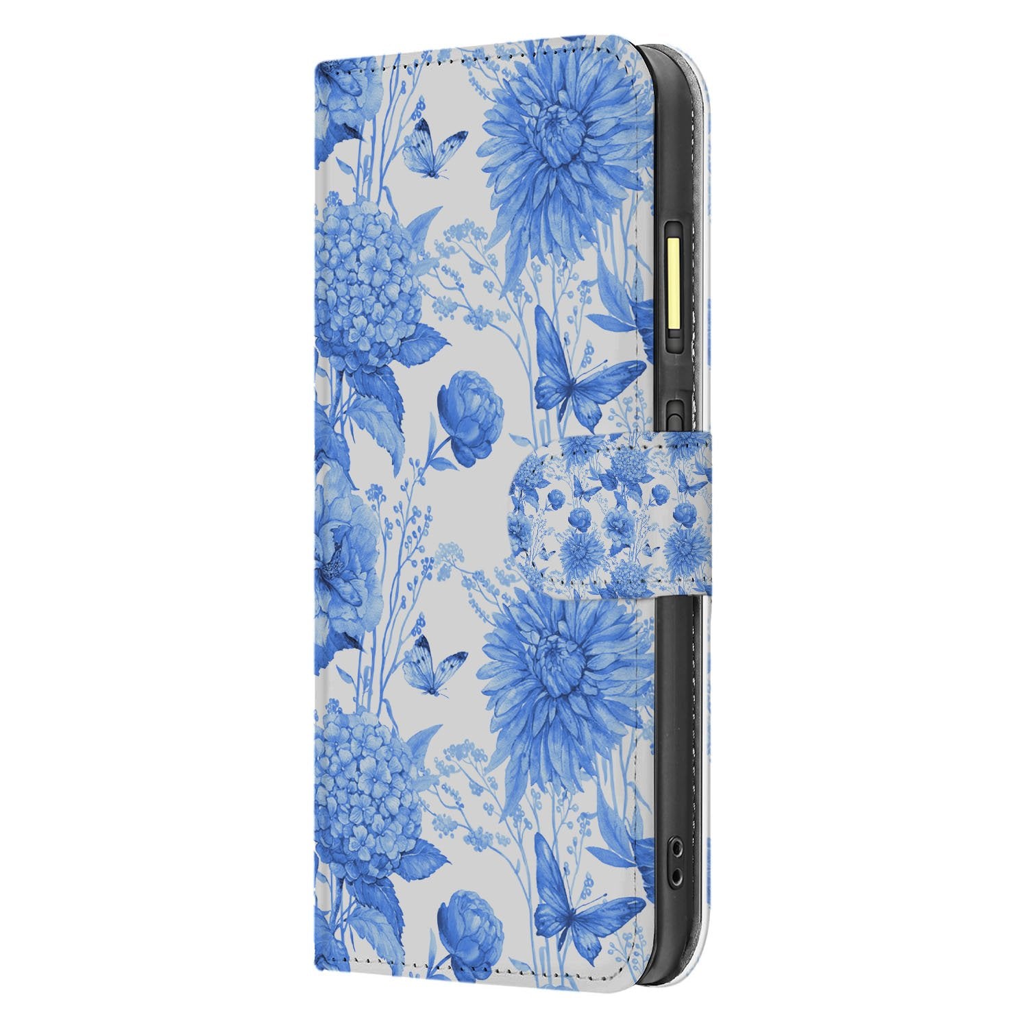Fairphone 6 Robuuste Bookcase Hoesje Voor Fairphone 6 Met Blauw Bloemen Design En Pasjeshouder design blauw bloemen aanzicht