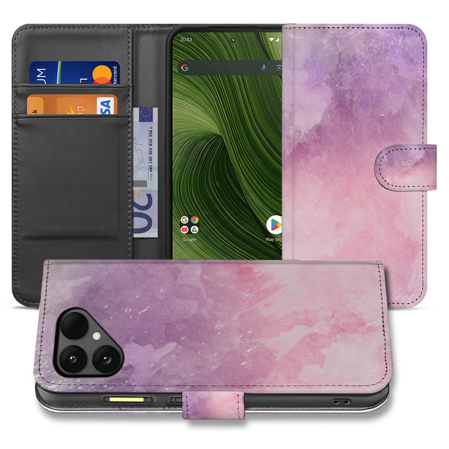 Fairphone 6 Roze-Paars Waterverf Book Case vooraanzicht met telefoon en kaartvakken