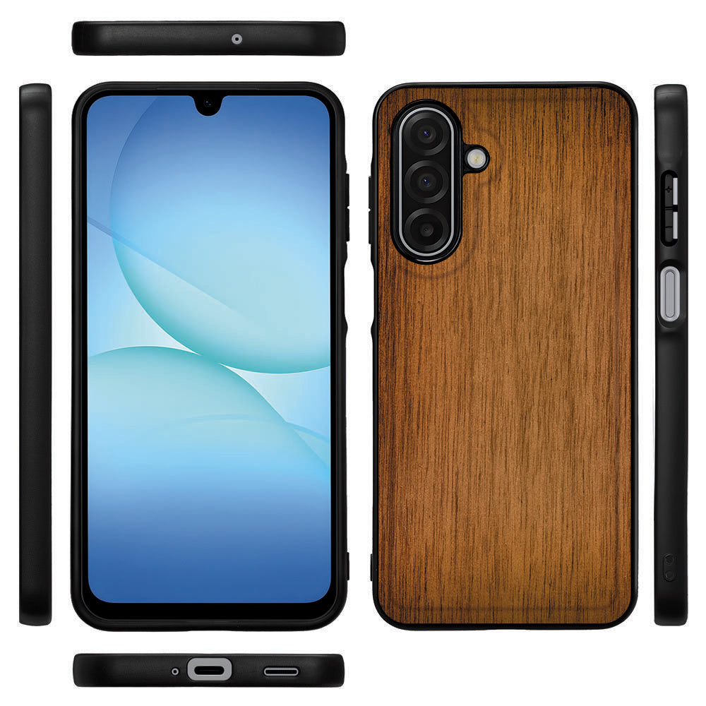 Samsung Galaxy A17 Backcover Hoesje Donker Hout design zijkanten voorzijde