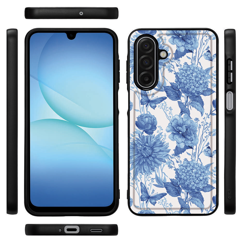 Samsung Galaxy A17 Flowers Blue Beschermhoes bloemen ontwerp vooraan achteraan zijde