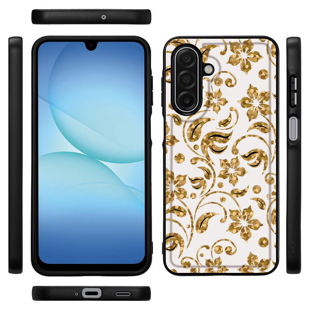Samsung Galaxy A17 PU Kunstleer Hoesje Gouden Bloemen achterkant zijkanten voorkant