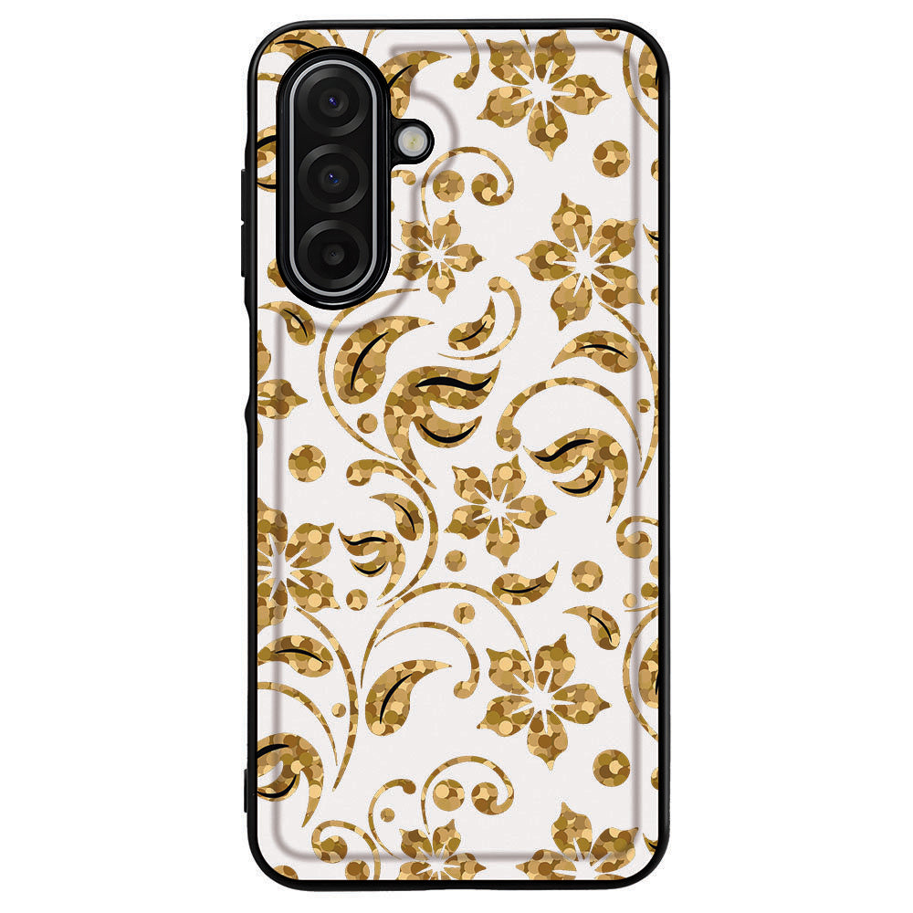 Samsung Galaxy A17 PU Kunstleer Hoesje Gouden Bloemen bloemenmotief achterkant