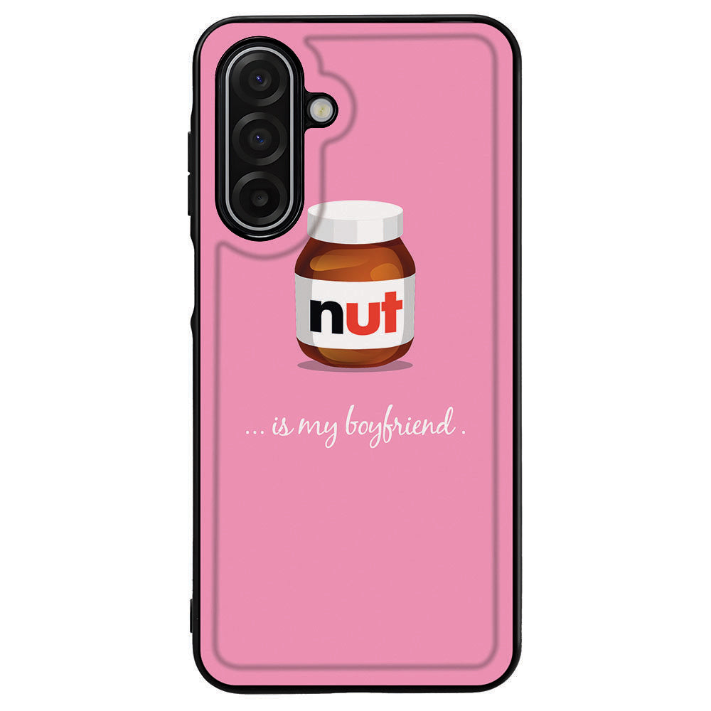Samsung Galaxy A17 Hoesje Nut Boyfriend back cover ontwerp met potje nut op roze achtergrond