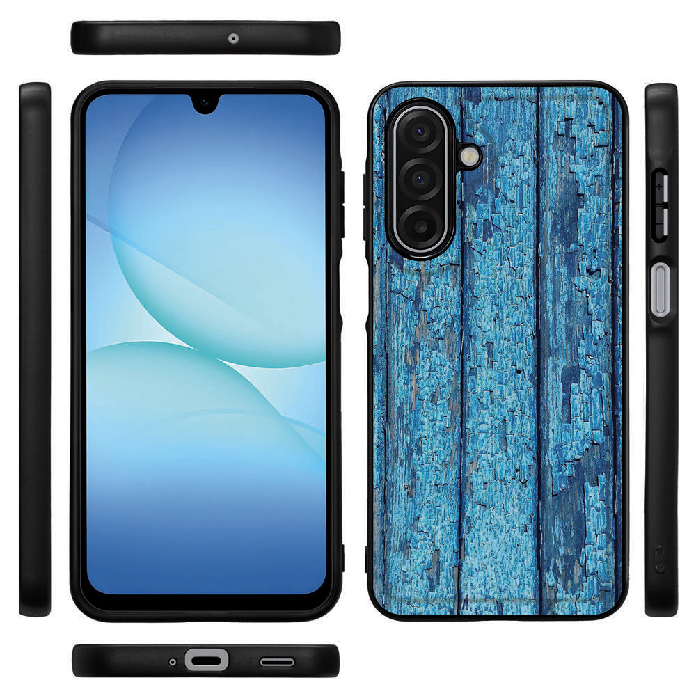 Samsung Galaxy A17 Wood Blue beschermhoes TPU Randen PU Achterkant voorkant zijkant achterkant