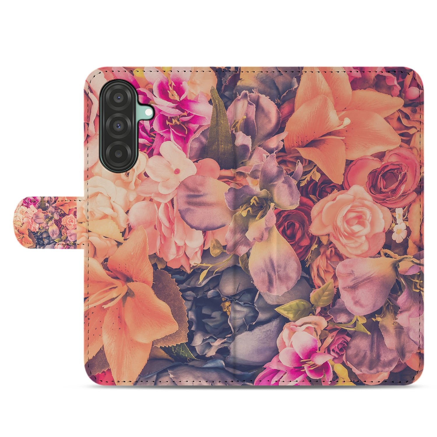 Samsung Galaxy A17 Boekhoesje Bloemen Met 3 Pasjes Roze Oranje Paars