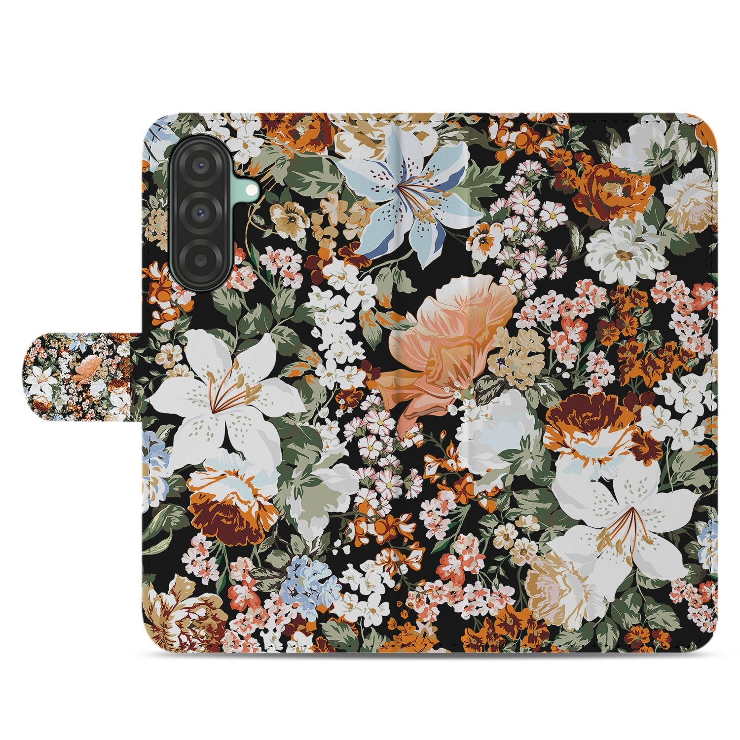 PU Leer Portemonnee Hoes Dark Flowers Voor Samsung Galaxy A17 Met 3 Pasjes