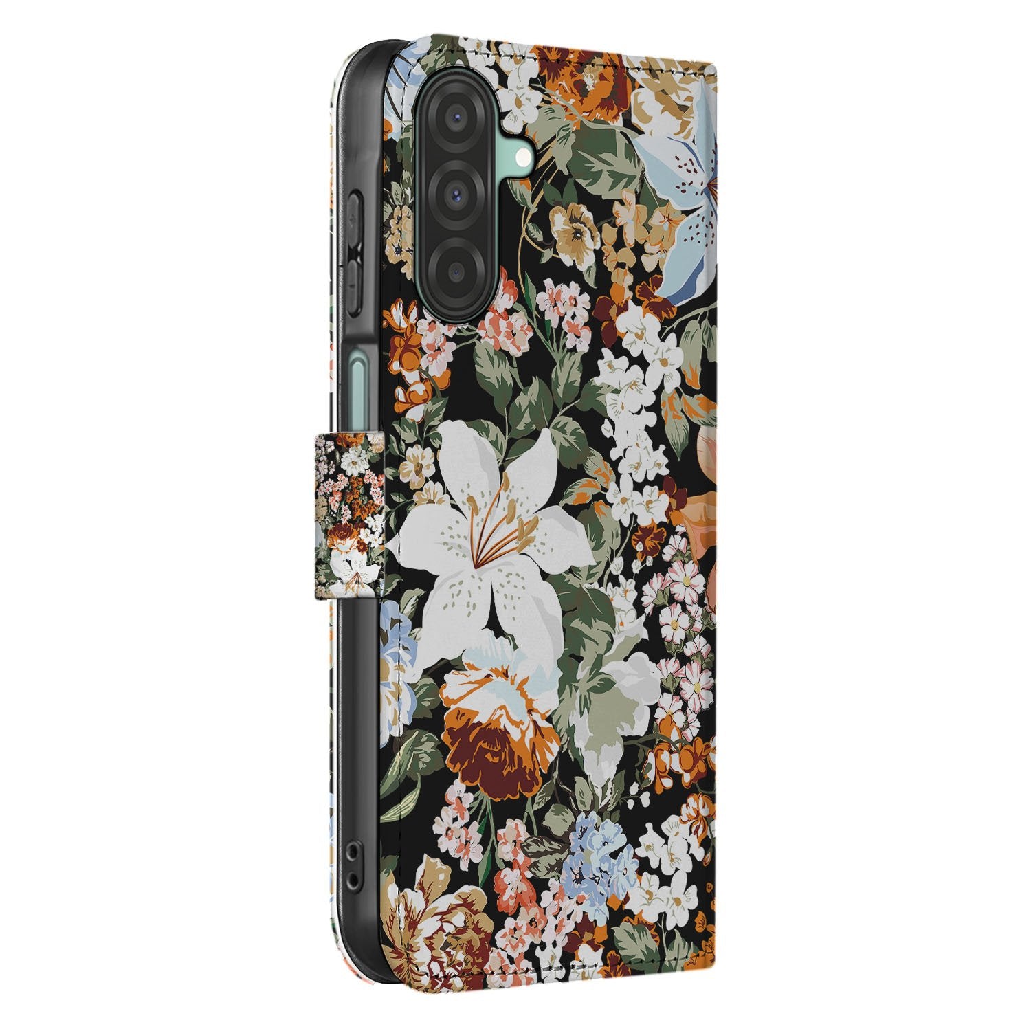 PU Leer Portemonnee Hoes Dark Flowers Voor Samsung Galaxy A17 Met 3 Pasjes