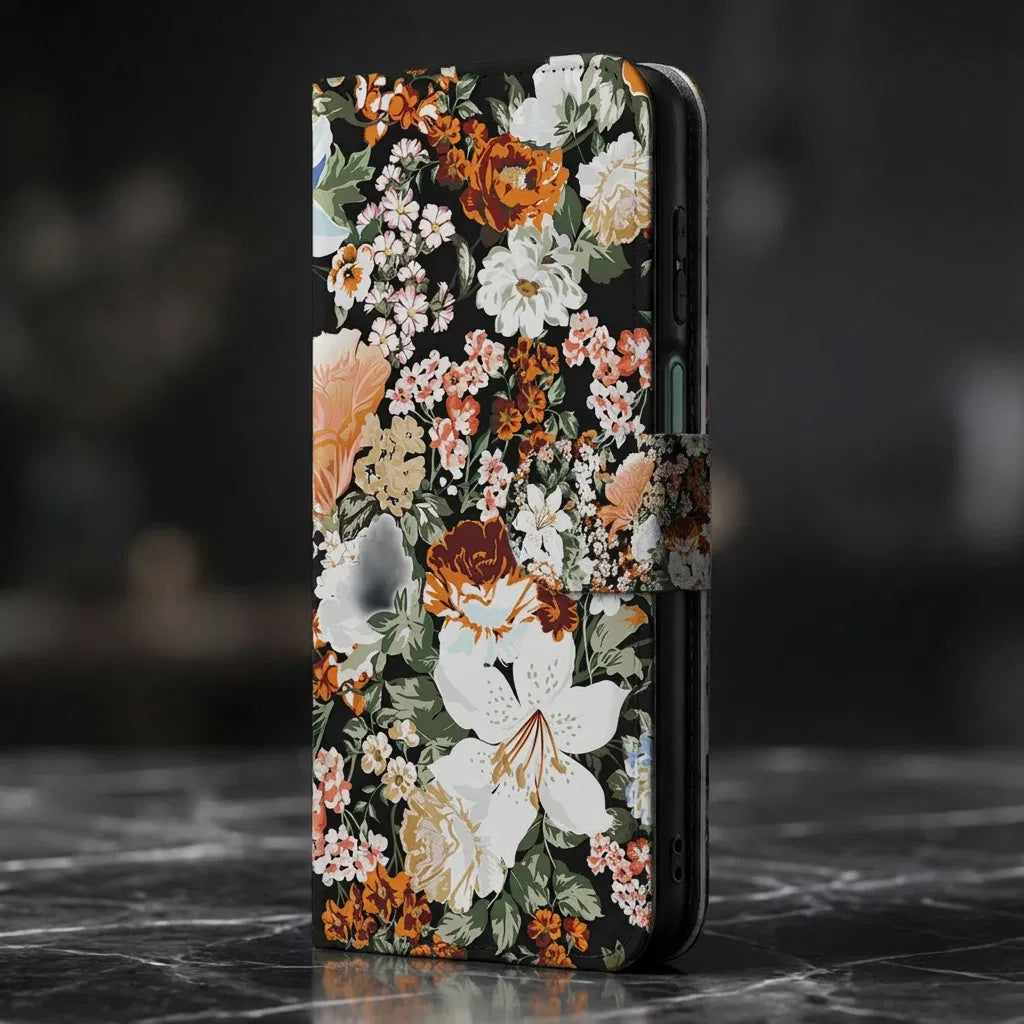 PU Leer Portemonnee Hoes Dark Flowers Voor Samsung Galaxy A17 Met 3 Pasjes