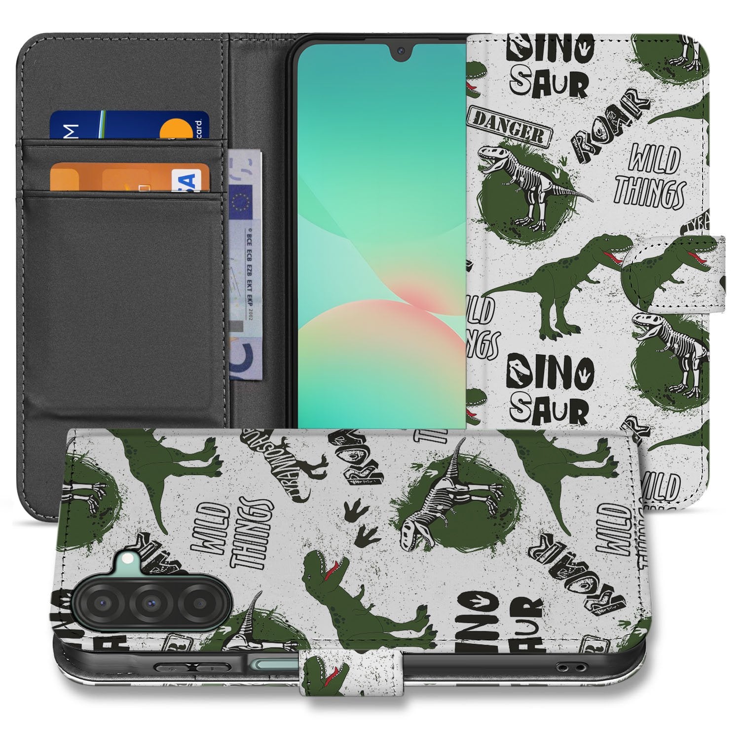 Samsung Galaxy A17 Portemonnee Hoesje Met Pasjes Dino Print PU Leer