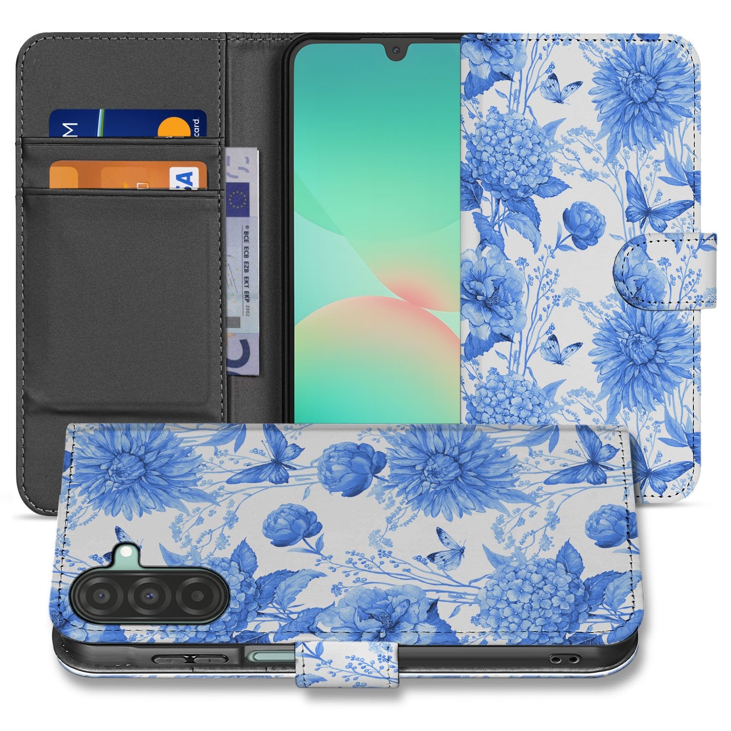Samsung Galaxy A17 Portemonnee Hoesje Blauw Bloemen PU-Leer 3 Pasjes