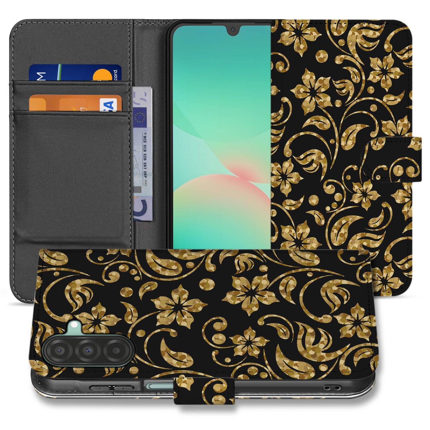 Samsung Galaxy A17 Boekhoes Gouden Bloemen Met Pasjesvak