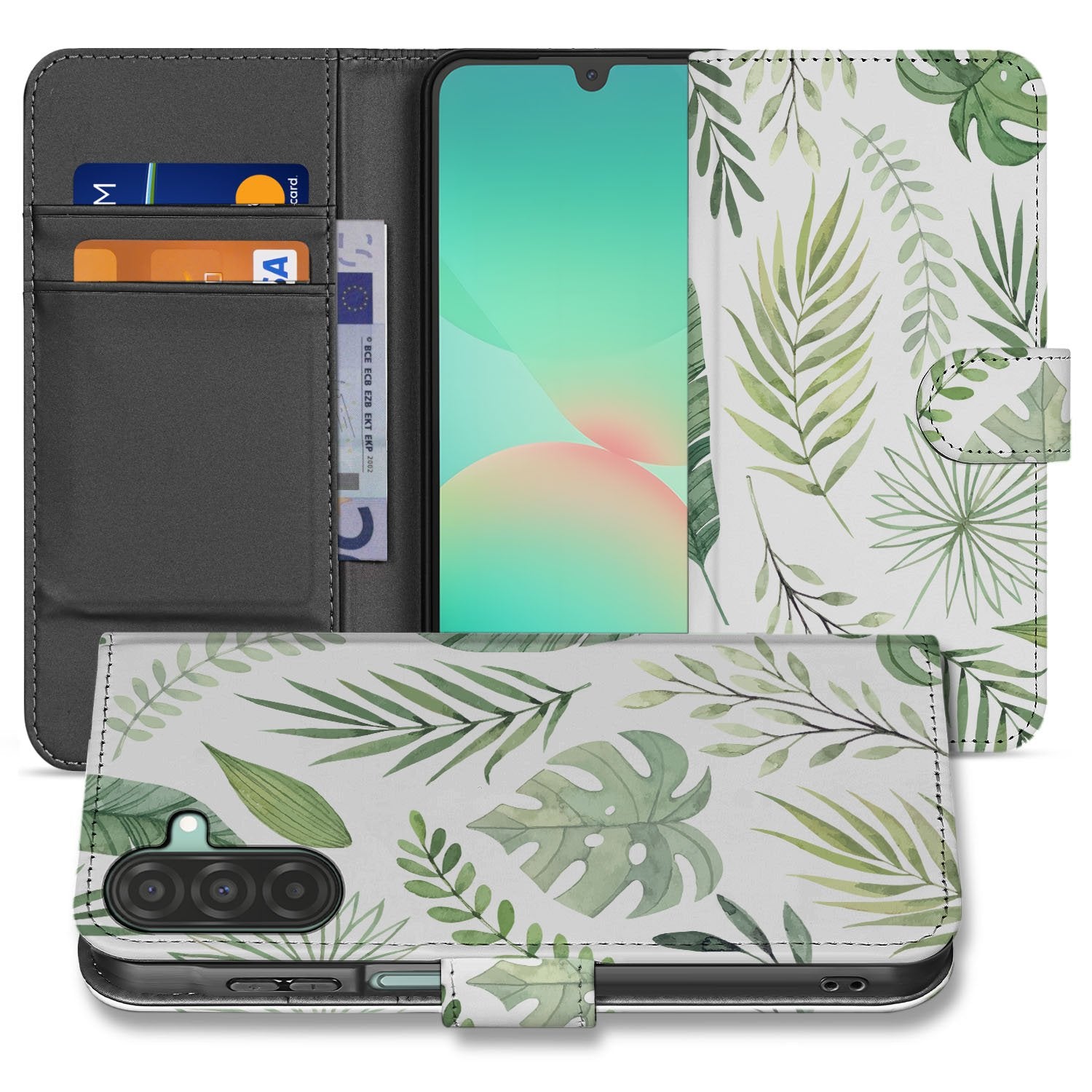 Samsung Galaxy A17 Bookcase Hoesje Leaves Lichtgroen Wit Met 3 Pasjes