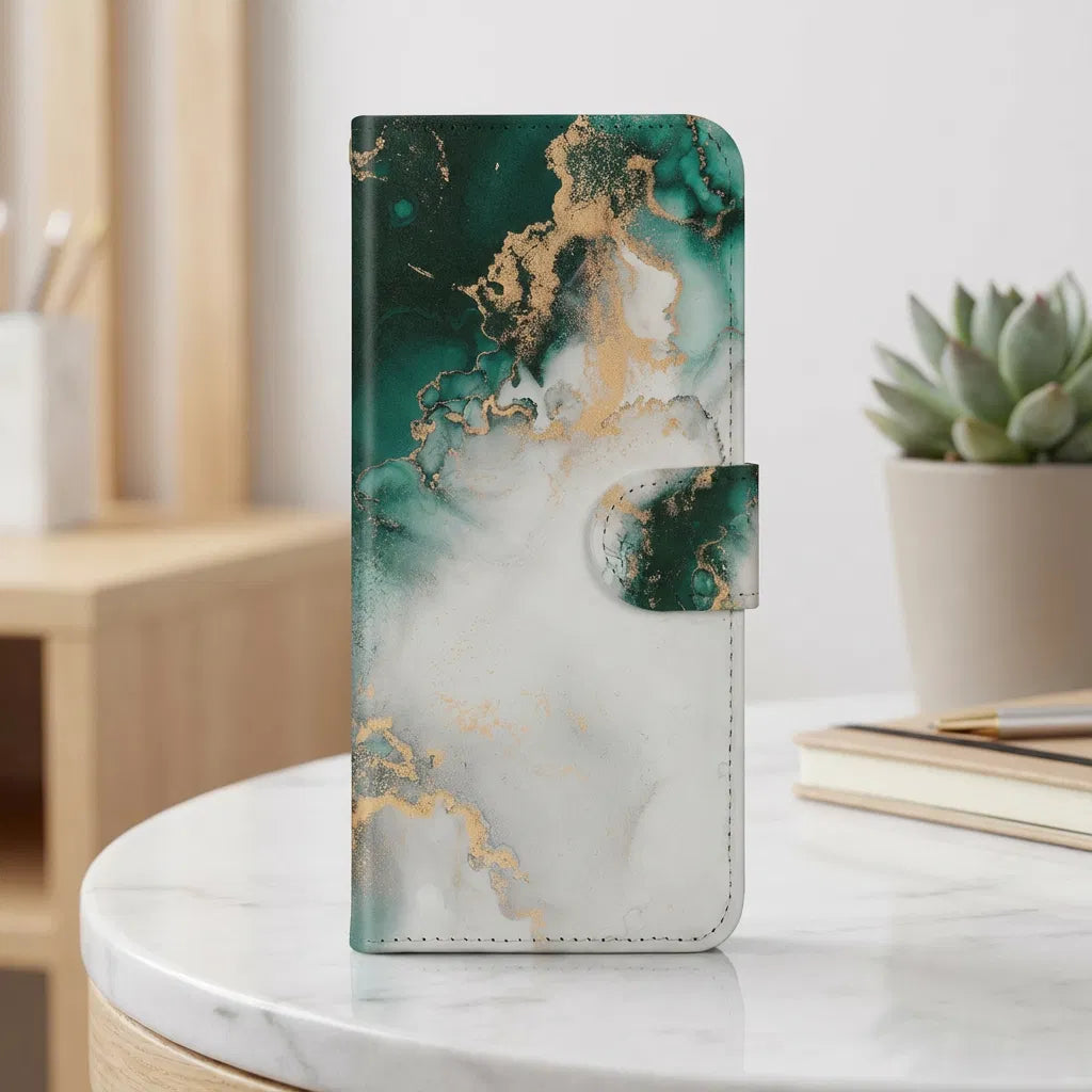 Bookcase Hoes Samsung Galaxy A17 Marmer Groen PU Leer 3 Pasjes