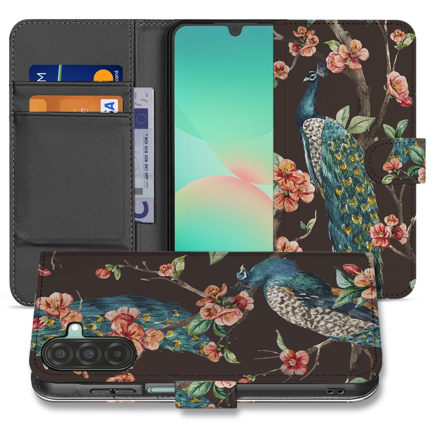 Samsung Galaxy A17 Bookcase Hoesje Met Pasjes Pauw Bloemen Print