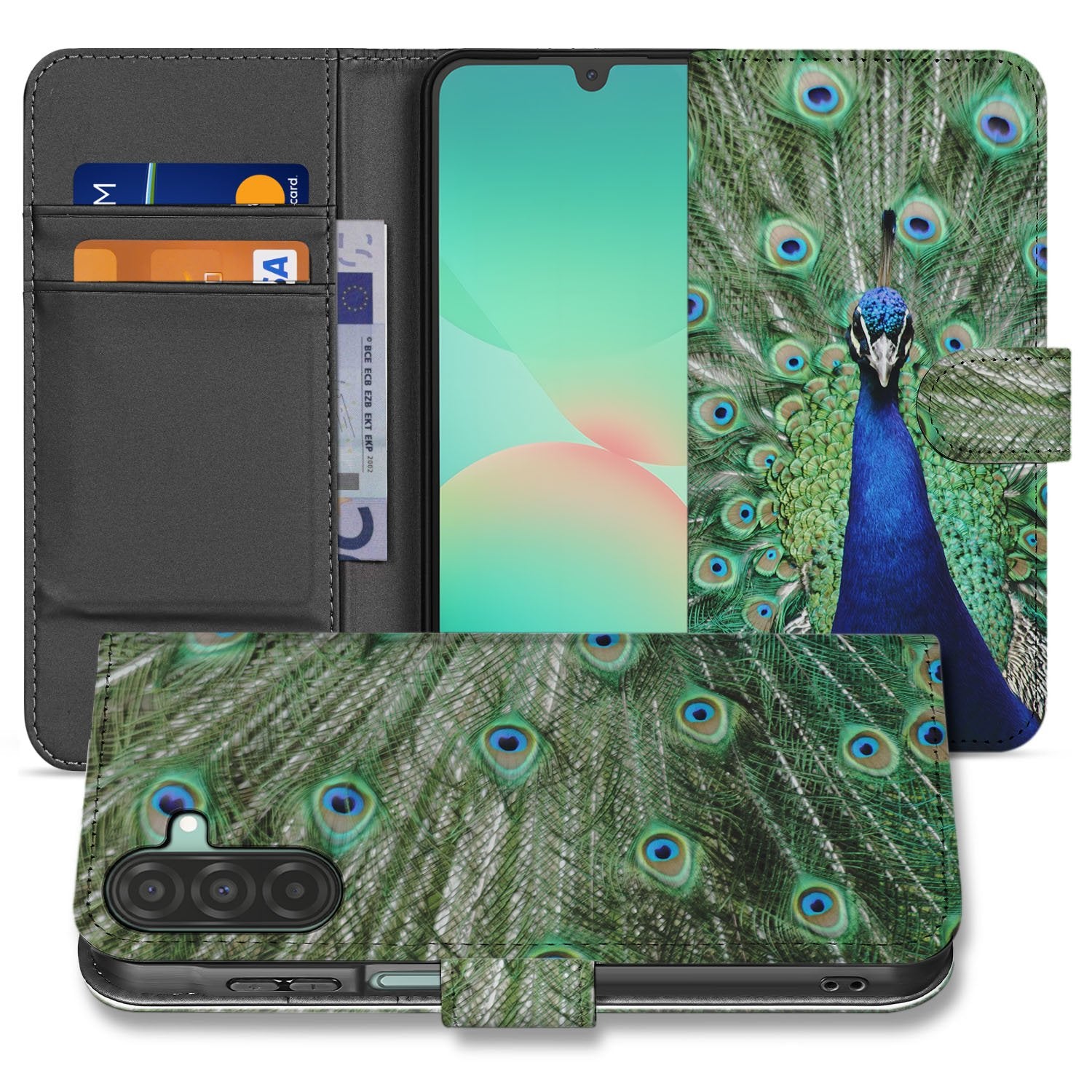 Samsung Galaxy A17 Bookcase Hoesje Met Pauwprint En Pasjes