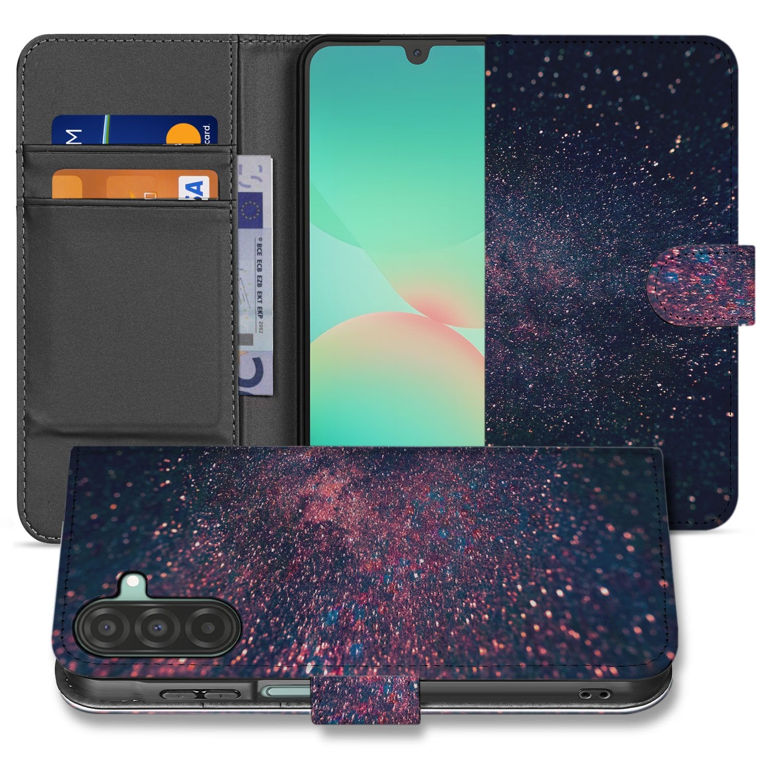 Samsung Galaxy A17 Book Case Stars Paars Blauw Glitter Hoesje Met 3 Pasjes